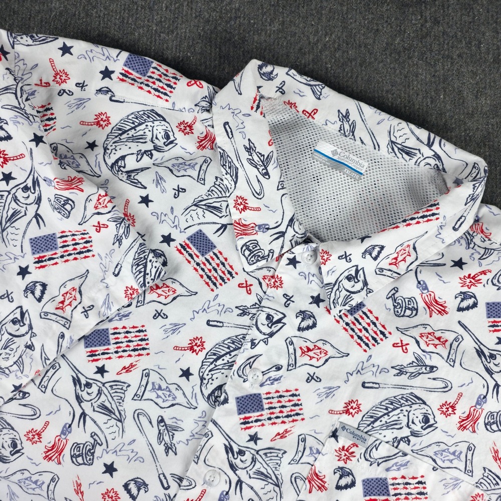 Columbia PFG Button Down Shirt Mens XXL White Patriotic Fish Print FM7011 Vented